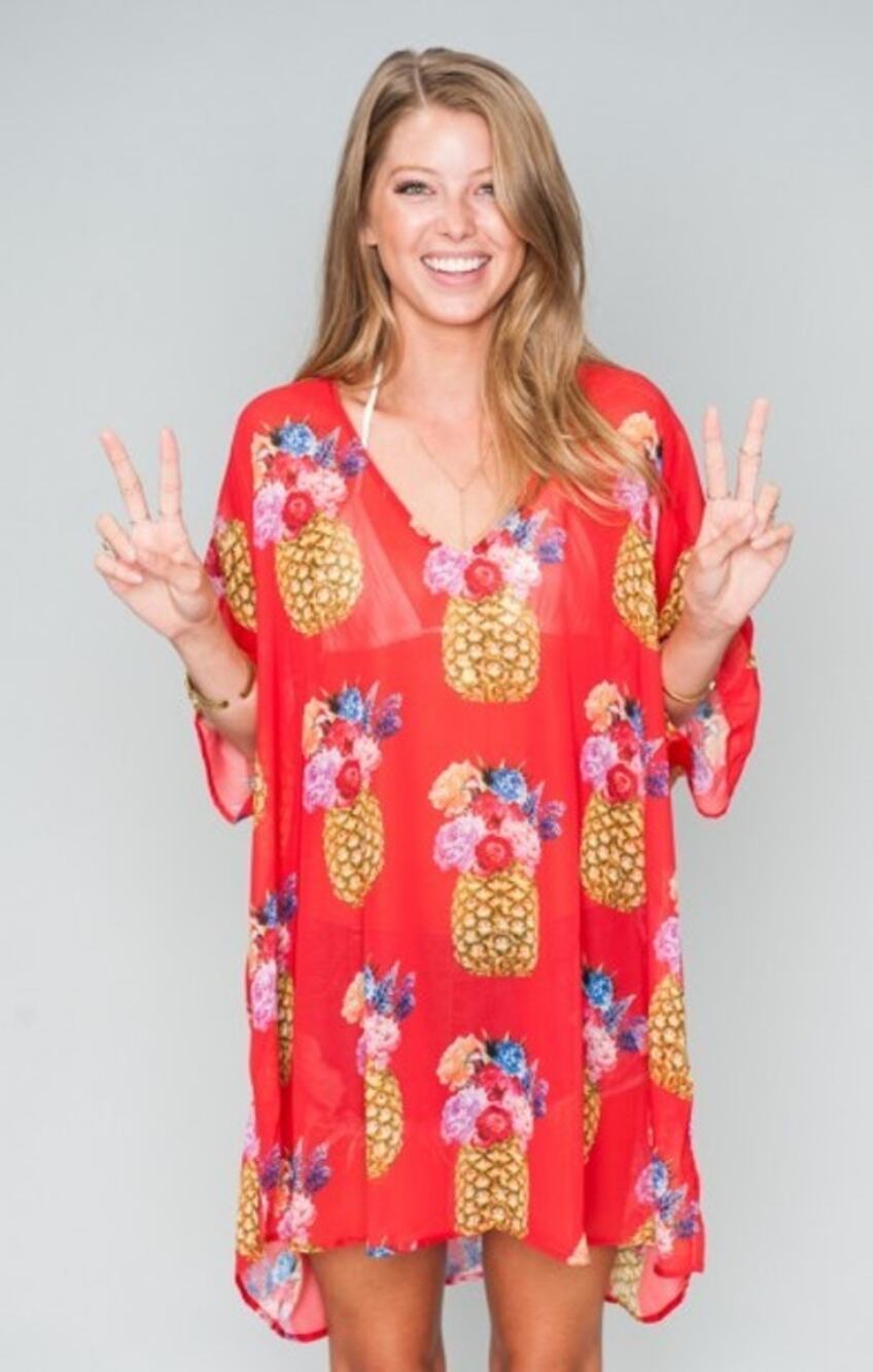 Show Me Your Mumu Kimono Pineapple Print Red Sheer Cover Up *FLAW